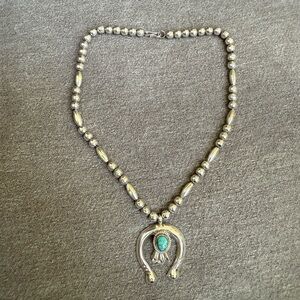Vintage Navajo Sterling Silver & Turquoise Squash Blossom Necklace